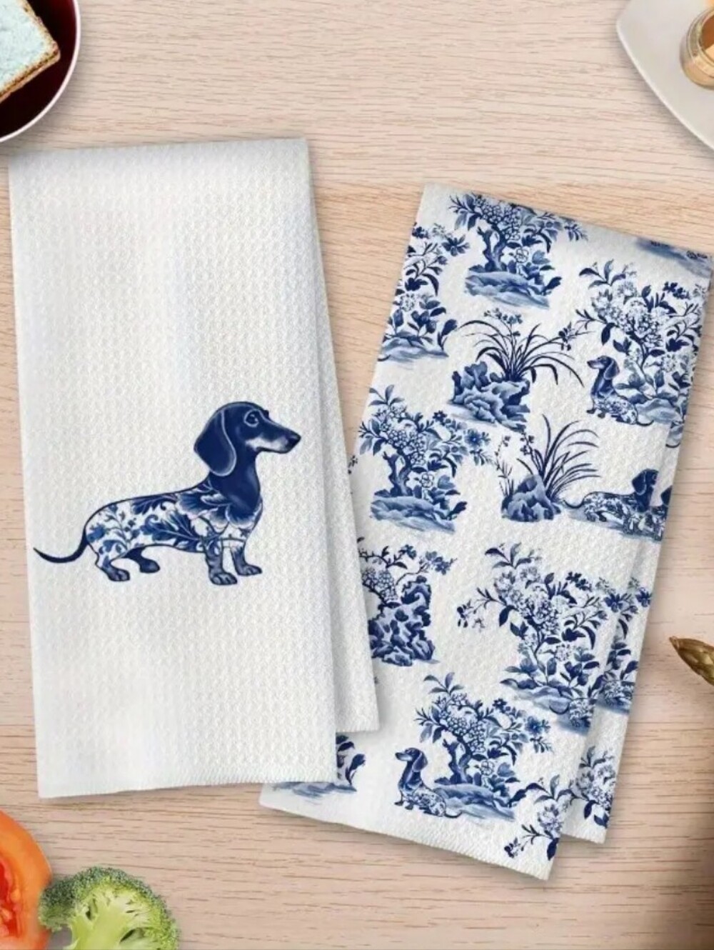 NEW! Adorable Blue & White Dachshund Kitchen Towel Set